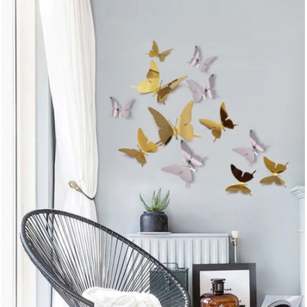 Set 12 Miếng Dán Trang Trí Tủ Lạnh Hình Bướm 3D Tráng Gương DIY