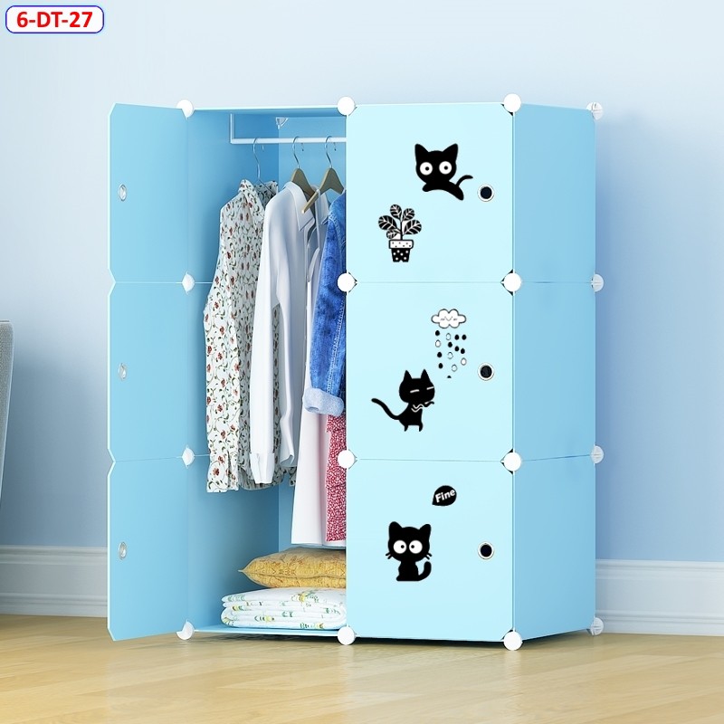 {CỰC RẺ}Tủ nhựa lắp ghép 6 ô nhiều màu, chọn theo phân loại (xanh dương, trắng hình dán mèo đen, cẩm tú cầu)