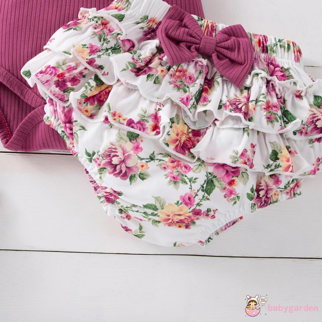 BABYGARDEN Newborn Girl Three-Piece Outfits, Short Sleeve Round Neck Romper + Floral Print Bow Decor Ruffles Shorts +