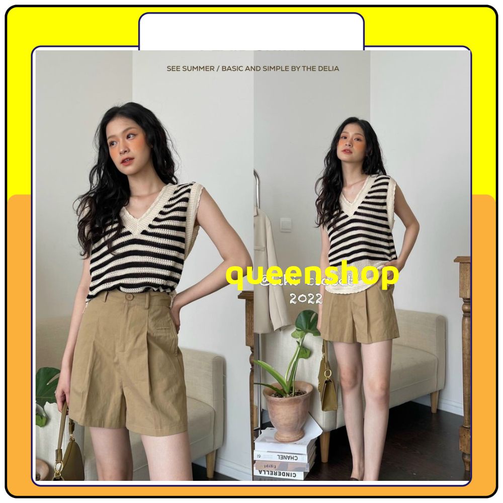 Áo len gile nữ kẻ ngang cổ tim, áo len sát nách cổ V – queenshop