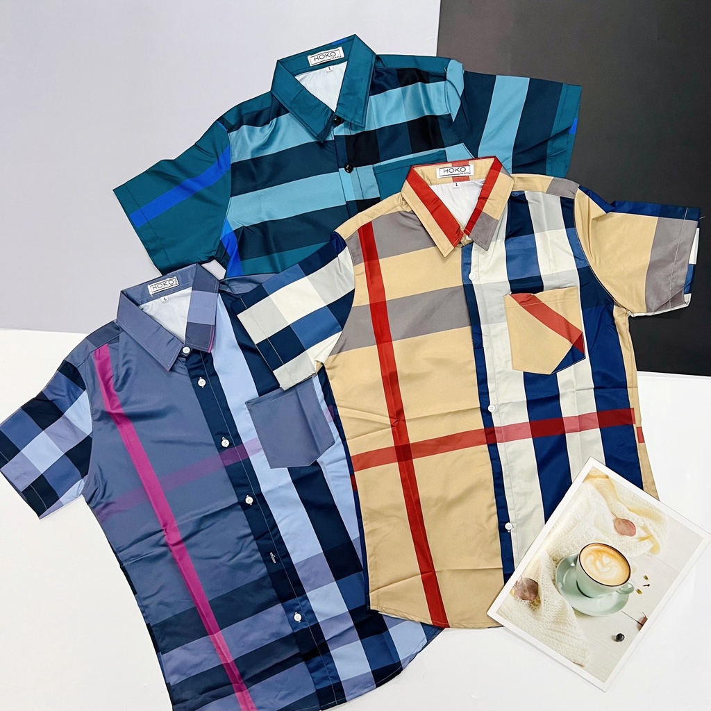 Áo sơ mi 3D tay ngắn chất lụa Caro thêu ngực hoạ tiết BURB đẹp mắt thoáng mát phong cách trẻ trung thời trang nam nữ