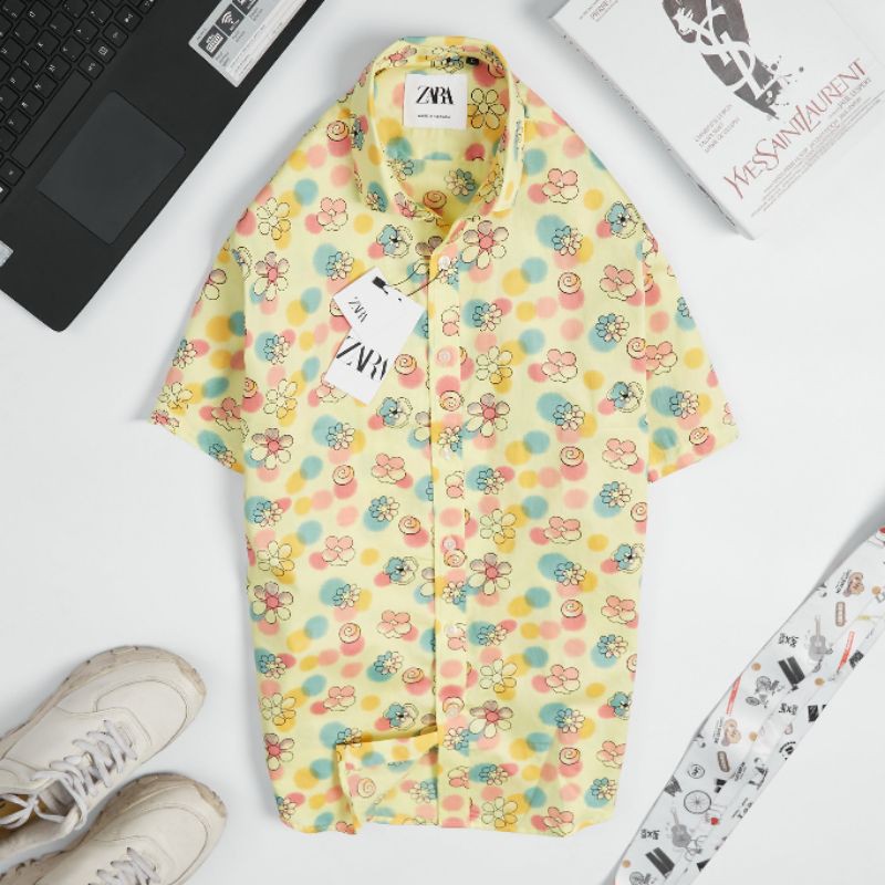 Áo sơ mi nam tay ngắn cotton in hoa văn trẻ trung thoáng mát nổi bật