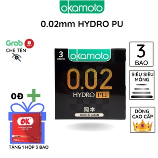 Bao Cao su Okamoto 0.02mm Hydro PolyUrethane 3 bao/hộp Siêu mỏng truyền nhiệt nhanh chống tuột kéo dài thời gian