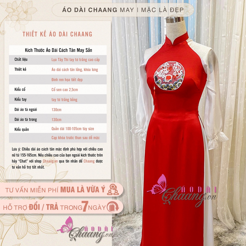 Áo Dài Cách Tân Nữ Lụa Đỏ Vàng Tay Bồng Tơ Nhũ Trắng May Sẵn Dự Tiệc Du Xuân Lễ Tết Đẹp