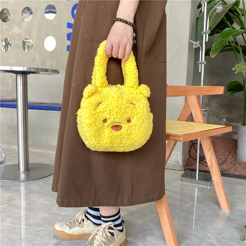 Túi len cừu dễ thương 2022, túi xách tay quai ngắn hình Gấu Teddy - Dâu Tây