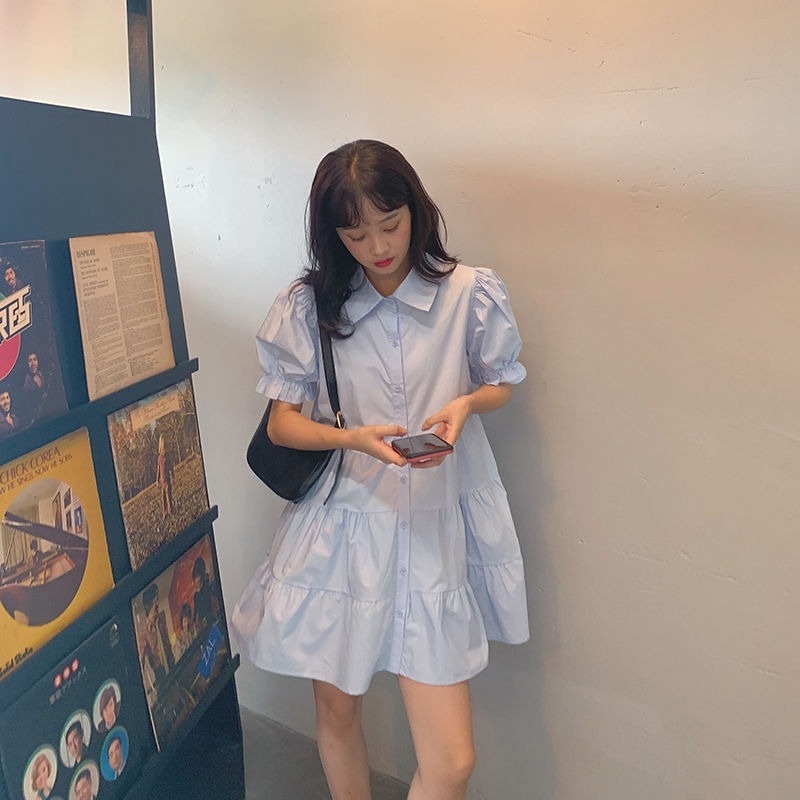 Đầm Tay Phồng Dáng Rộng Màu Xanh Dương Phong Cách Sinh Viên Cho Nữ Sinh