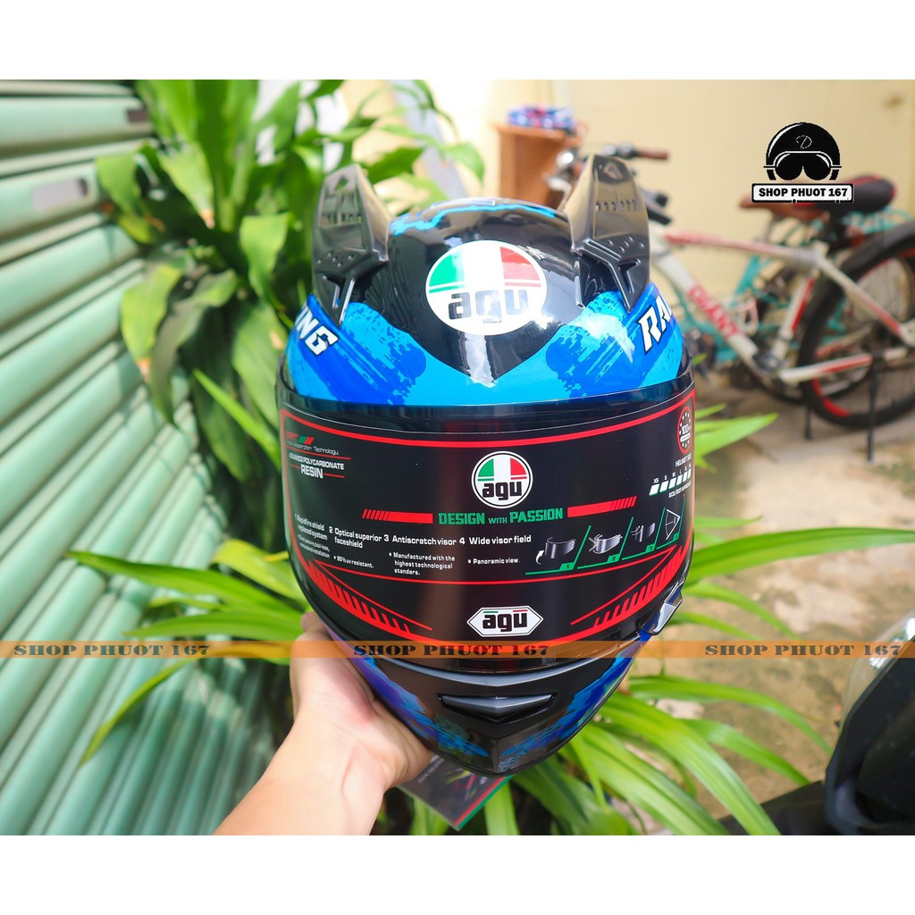 Nón bảo hiểm  Fullface AGU Tem Racing Xanh Dương mới nhất, kèm đuôi gió và tai rùa, có túi đựng nón