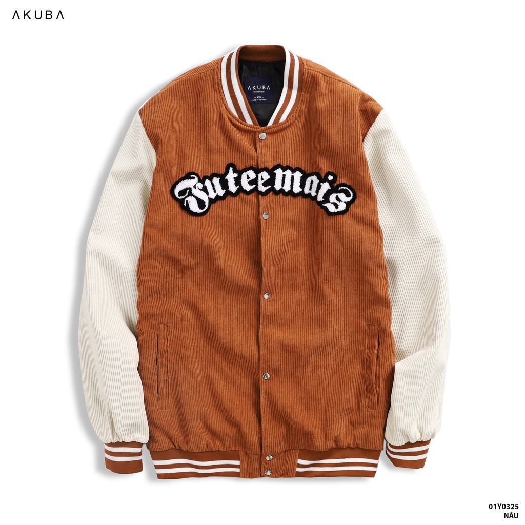 Áo khoác bomber jacket nam nữ phối Nâu tay da Akuba thêu Juteemais 2 lớp, chất nỉ bông siêu đẹp | 01Y0325