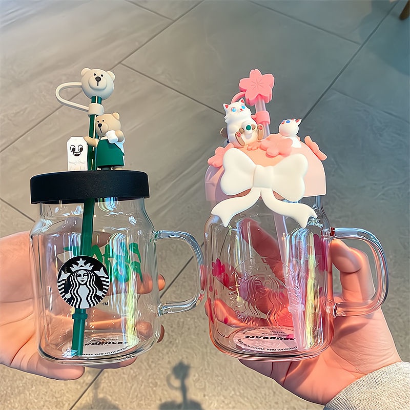 Starbucks Cốc Thủy Tinh Chịu Nhiệt Tốt Có Ống Hút Họa Tiết Gấu Xinh Xắn