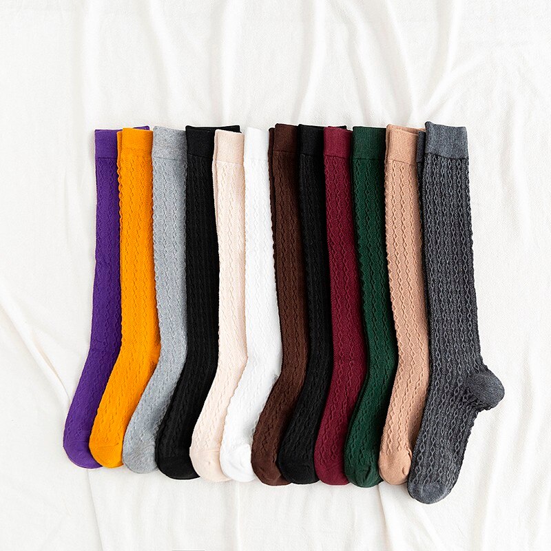 Vớ dài cao đến đầu gối vải cotton dệt kim giữ ấm chân trơn màu