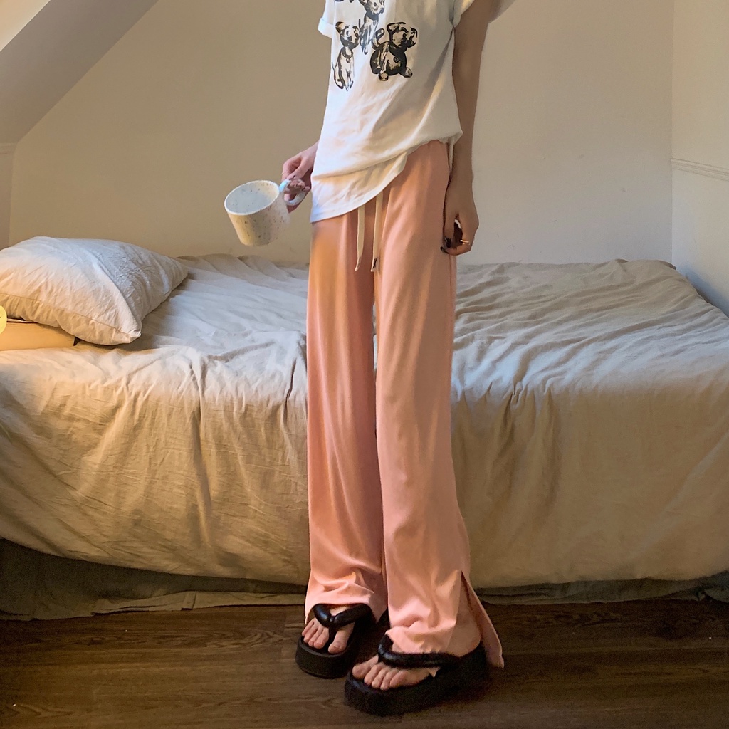 Quần ống rộng Lưng Cao Vải Lụa Mát Mỏng Phối Dây Rút 5 Màu Sắc Trẻ Trung