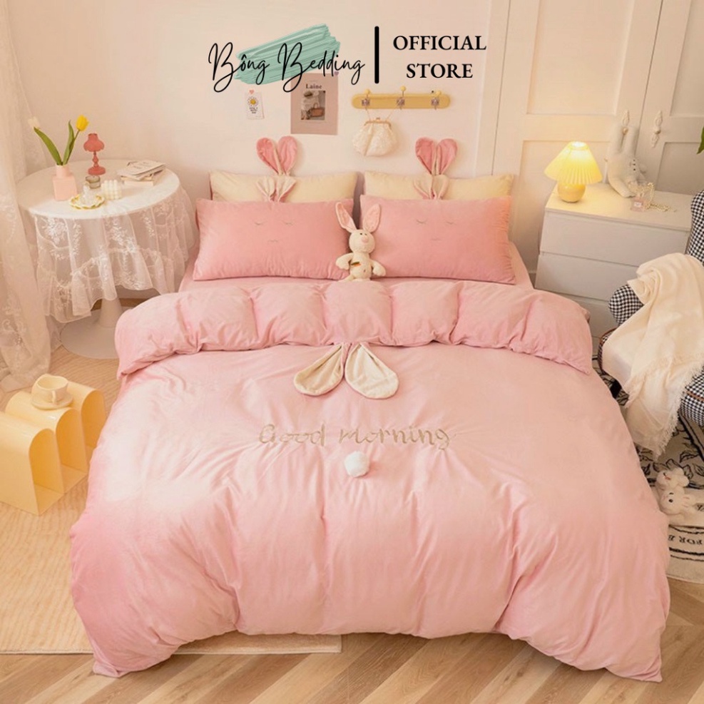 Bộ Chăn Ga Gối Nỉ Nhung Tai Thỏ Siêu Đáng Yêu Vải Nỉ Mềm Mịn | BigBuy360 - bigbuy360.vn