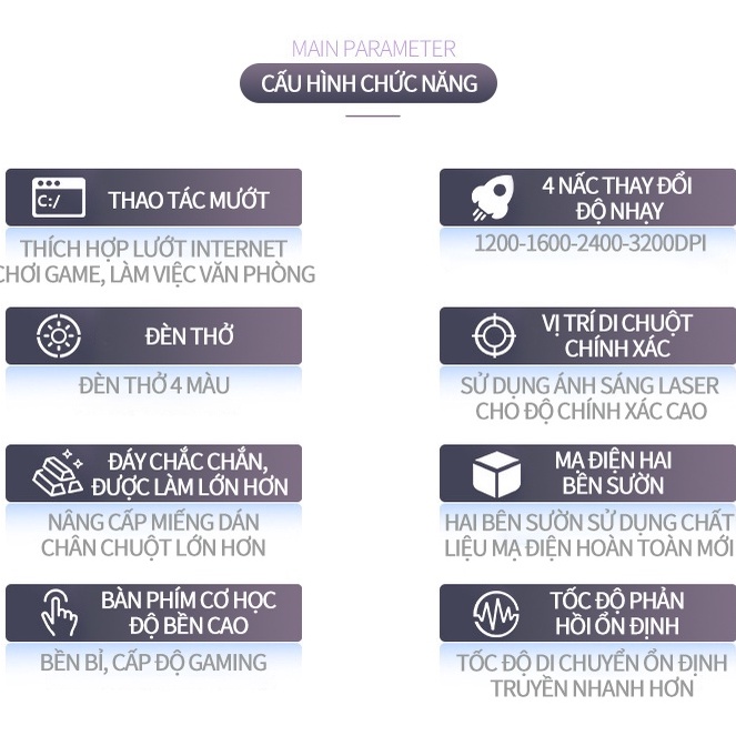 Chuột gaming máy tính Có dây game  3200DPI / Chế độ LED4 màu / 7 nút bấm  Mạ điện hai bên sườn