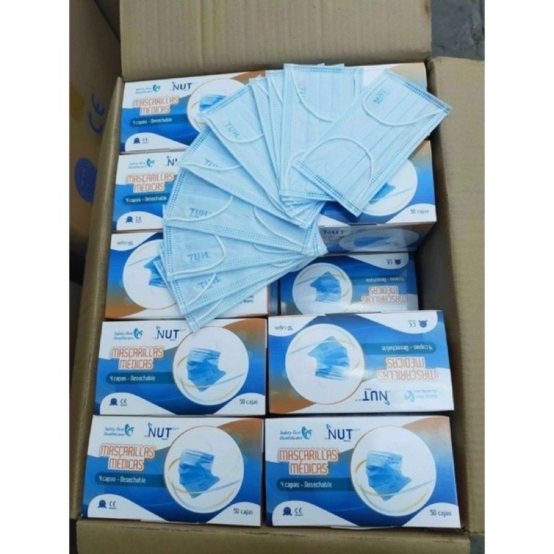 Hộp 50 cái Khẩu Trang y tế 4 lớp màu xanh hàng xuất khẩu cao cấp Cônh Ty thương hiệu NUT check mã vạch
