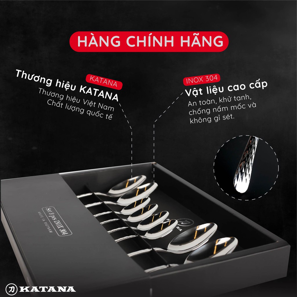 Set 8 món bàn ăn cao cấp inox 304 KATANA (4 thìa súp + 4 thìa trà) - vân trám chống bám vân tay VTK385