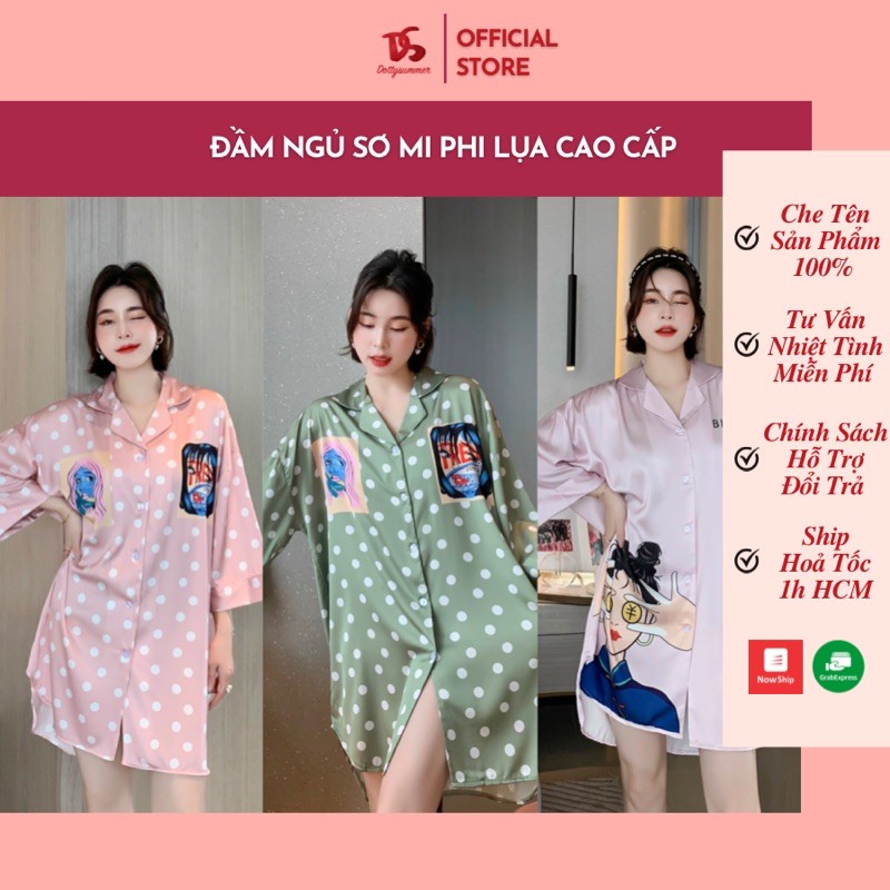 [Cao Cấp] Đầm Ngủ Pajamas Sơ Mi Phom Rộng Phi Lụa Cao Cấp, Đầm Sơ Mi Lụa Satin Mịn Mát &amp; Ít Nhăn (3 mẫu)
