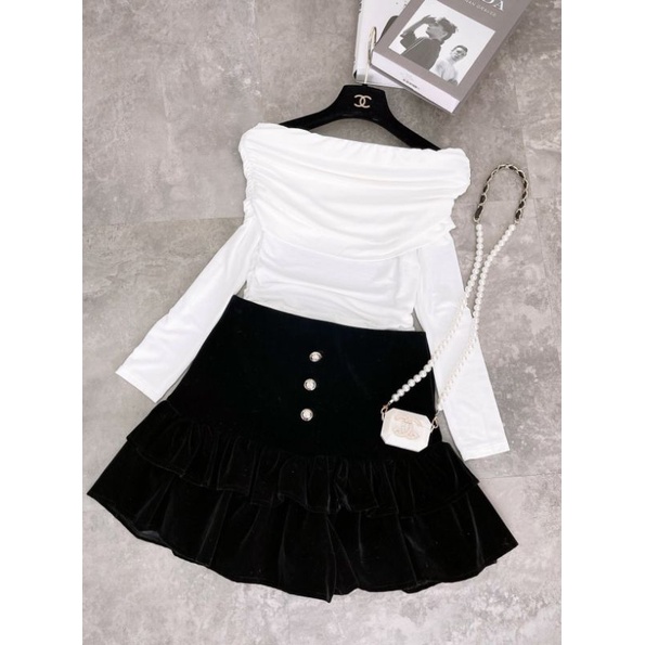 Set váy nữ xinh Áo trễ vai phối váy đuôi cá nhung đẹp.Set đồ ấm áp,dễ thương.Thời trang mùa đông cao cấp