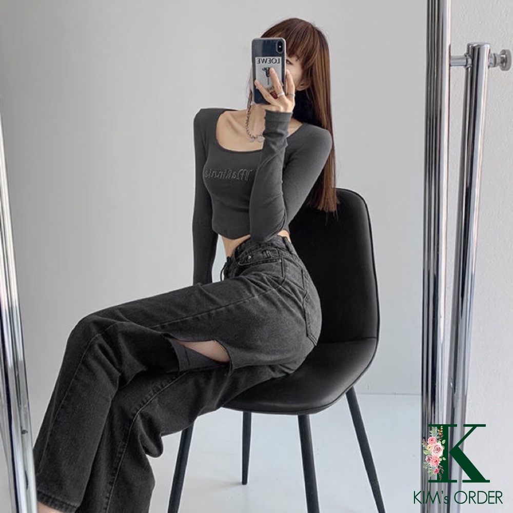 Quần jean nữ màu đen khói loang rách ống, quần bò ống suông phom rộng chất denim cá tính ngầu Ulzzang đủ size loại 1