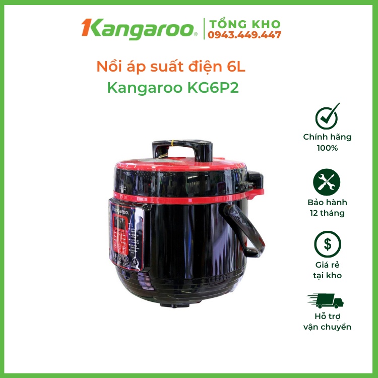 Nồi áp suất điện 6L Kangaroo KG6P2, menu 12 chế độ nấu, màn hình LED, 8 mức áp suất, xả áp bằng nút nhấn