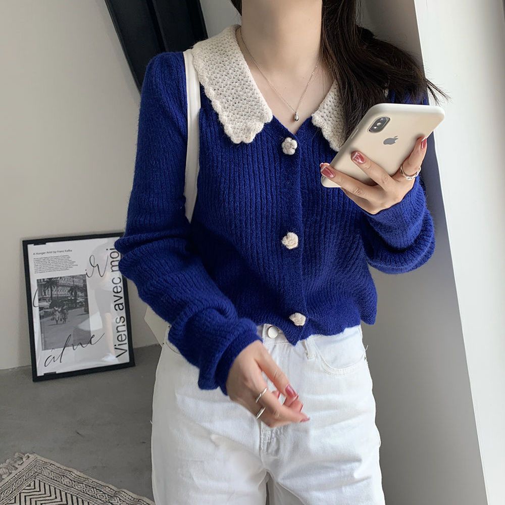 Áo Khoác Cardigan Dệt Kim Cổ Búp Bê Màu Xanh Dương Thời Trang Thu Đông Cho Nữ