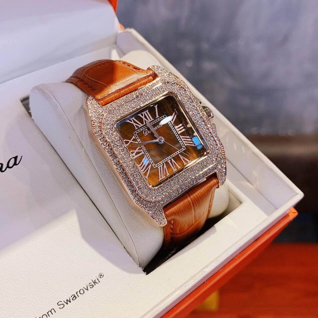 Đồng Hồ Nữ Davena 31269 Dáng Vuông Dây Da Nâu Chính Hãng