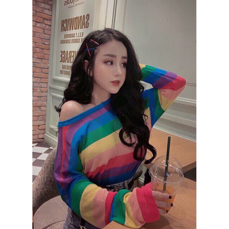 Áo len mỏng cầu vòng hàng QC