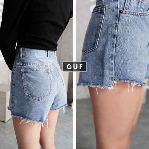 Quần Short Jean Nữ Thương Hiệu GUF Trơn Màu Xanh Chất Bò Cao Cấp Cạp Cao Dáng Rộng Chữ A