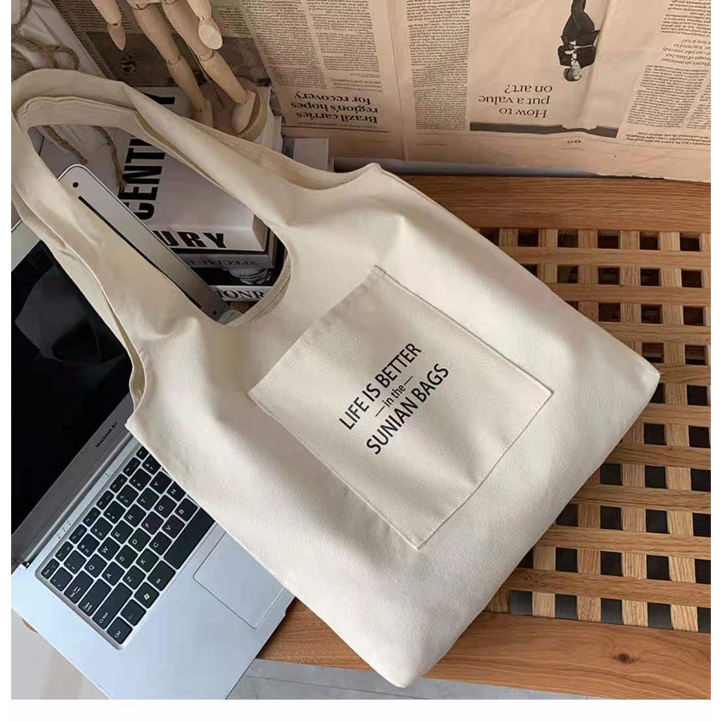 Túi tote đi học nữ vải Canvas hàn quốc giá rẻ có túi nhỏ trước in Life is better AH1606