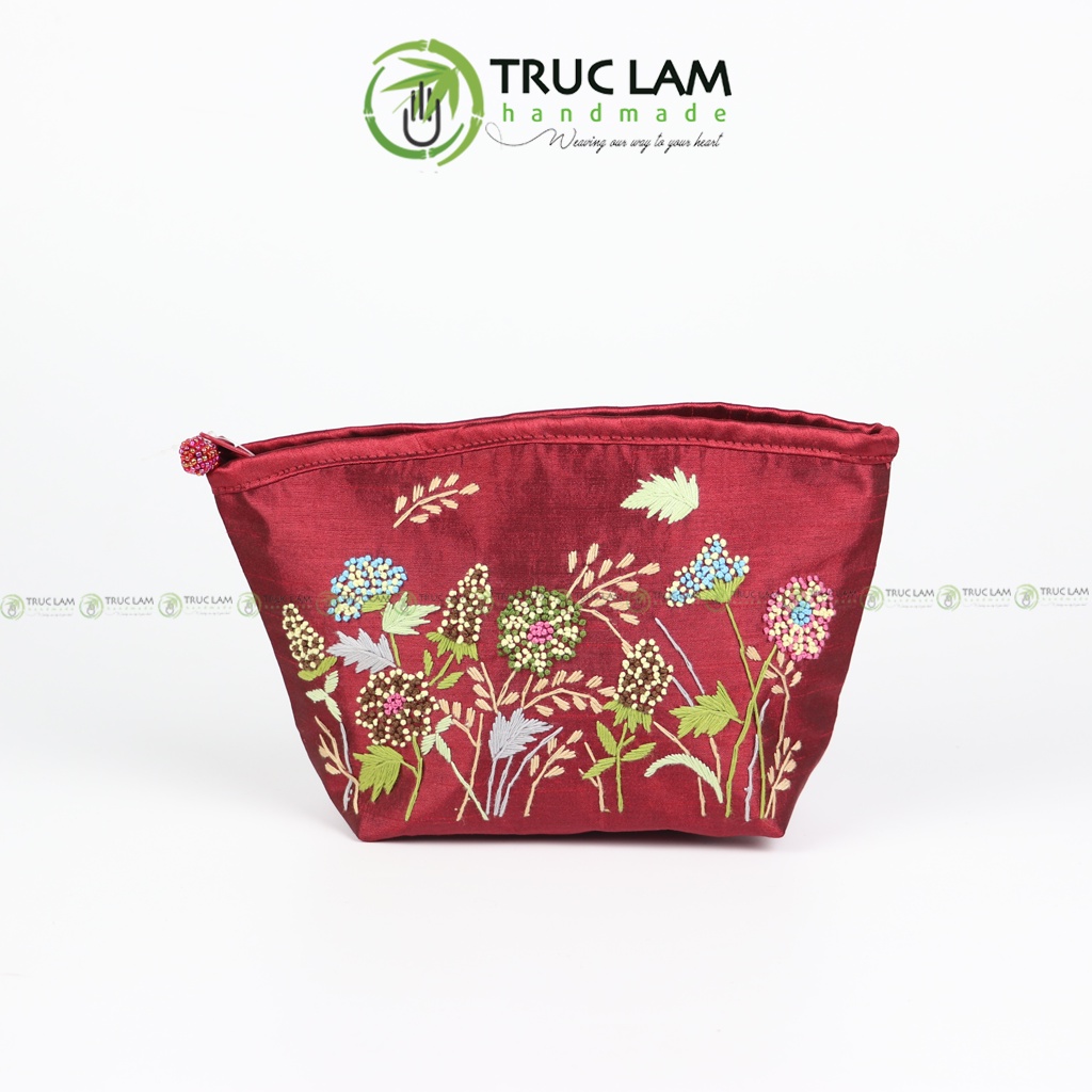 Ví Cầm Tay Nữ Vải Tafta Họa Tiết Hoa Cỏ Thêu Tay 2 Mặt - Trúc Lâm Handmade