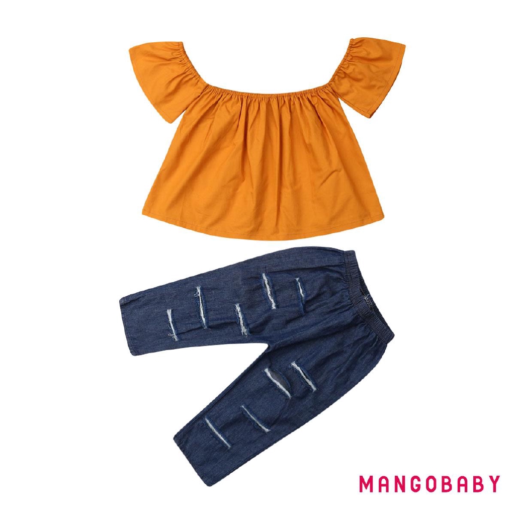 Set Áo Trễ Vai + Quần Short Jeans Rách Cho Bé Gái