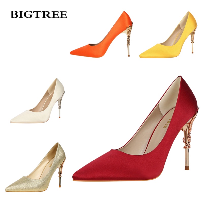 BIGTREE Giày Cao Gót 10cm Mũi Nhọn Chất Liệu Satin Thời Trang Dự Tiệc Cho Nữ Mall-9219-2