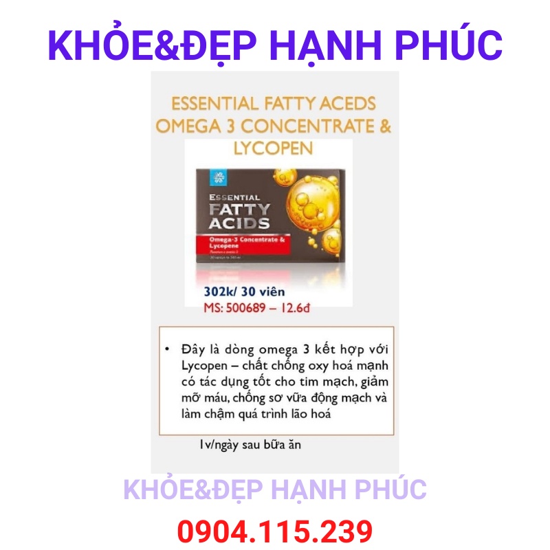 [ Hỗ trợ lòng mạch - T12/23 ] Thực phẩm bảo vệ sức khỏe Essential Fatty Omega-3 Concentrate &amp; Lycopene – 30 viên/hộp
