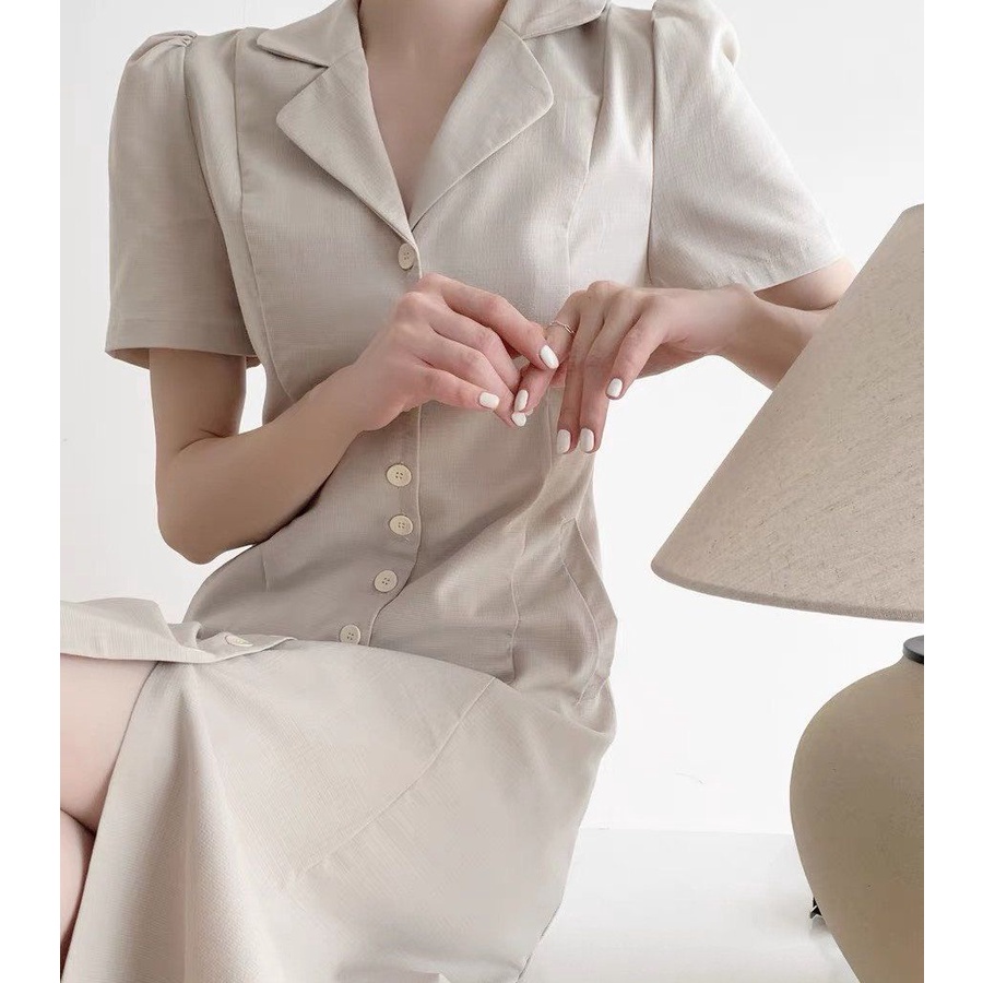 Đầm Váy Nữ Cổ Vest Dáng Midi Màu Kem Xinh Xắn, Trẻ Trung, Cá Tính, Chất Linen Dày Mềm Mịn, Mát, Bền Đẹp