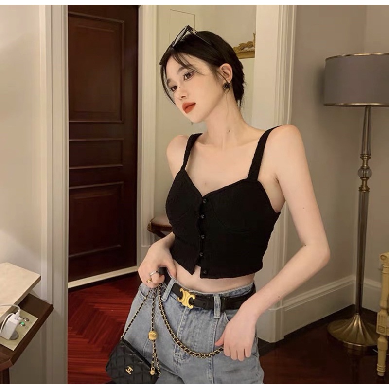 Áo hai dây đính cúc ngọc chất hoa nổi hàng có sẵn - ảnh thật cuối