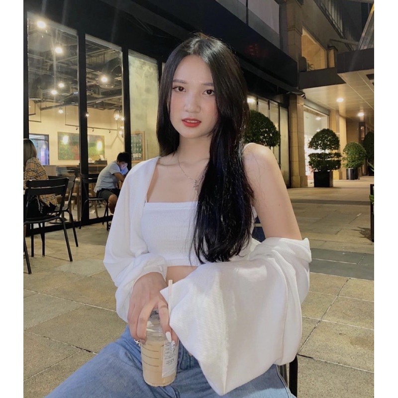 [Mã SKAMA8 giảm 8% đơn 300K] Set áo croptop 2 dây kèm áo khoác tay dài