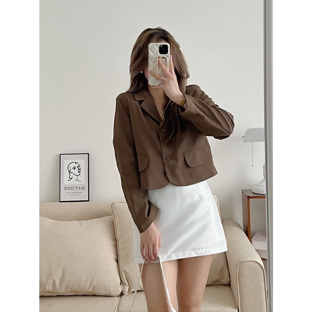 Áo blazer nữ croptop, áo vest nữ dáng ngắn dài tay 2 lớp phong cách Hàn Quốc FREESIZE &lt;58KG