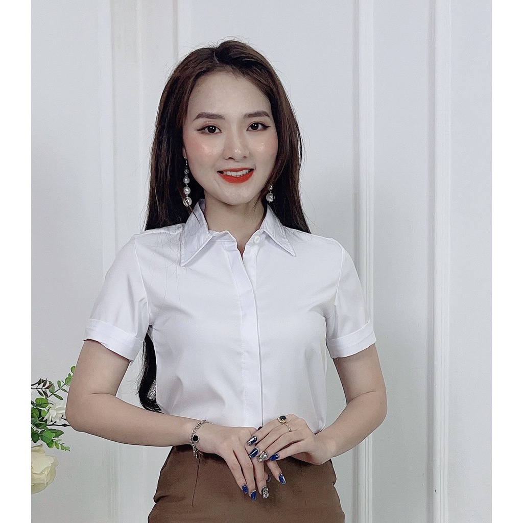 Áo Sơ Mi Trắng Nữ Tay Ngắn Cộc Tay Mola Somi Công Sở Đi Học ĐI Làm Màu Trắng Đen Kem Hàng Thiết Kế Cao Cấp Không Nhăn