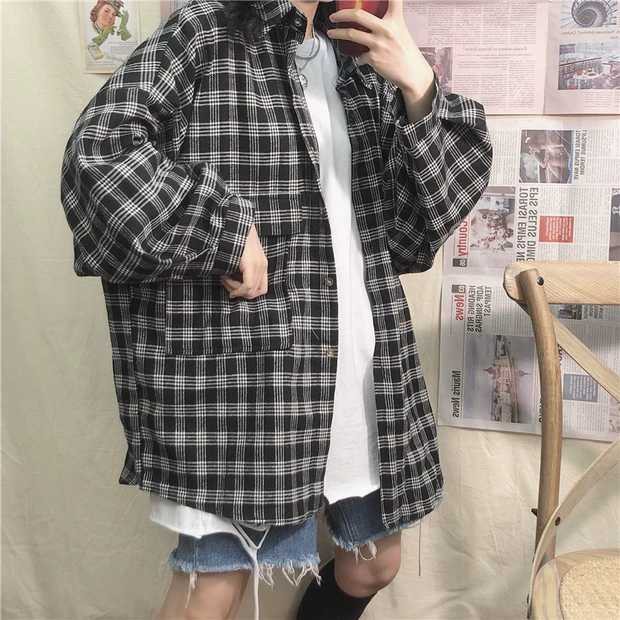 A011 Áo sơ mi kẻ caro oversize nam nữ vintage dài tay ulzzang, áo khoác chống nắng cỡ rộng tay phồng phong cách Hàn Quốc