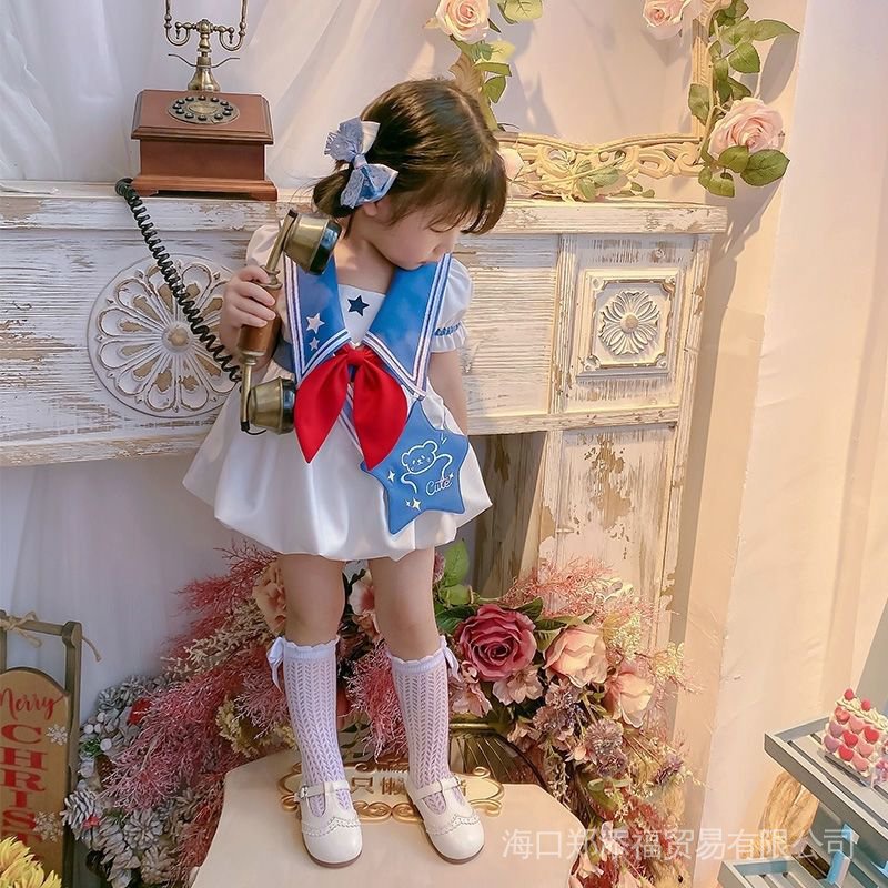 Đầm Công Chúa Mùa Hè Tay Cộc Phong Cách Hải Quân Dễ Thương Cho Bé Gái 2022