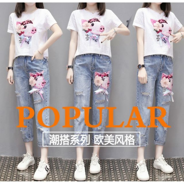 Set bộ jean họa tiết heo dễ thương