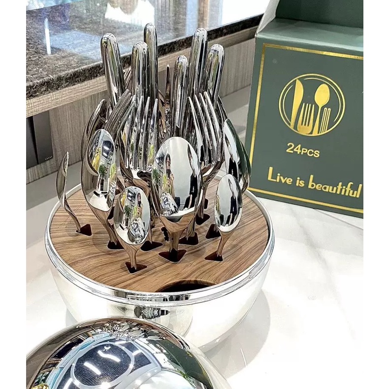 Giá cắm thìa, dĩa, dao,... - Set trứng 25 món inox