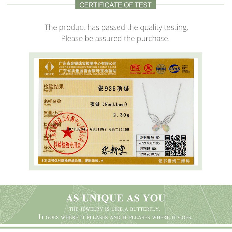 Dây Chuyền Bamoer BSN216 Bạc Sterling 925 Mặt Hình Bướm Đính Đá Màu Trắng Sang trọng Cho Nữ