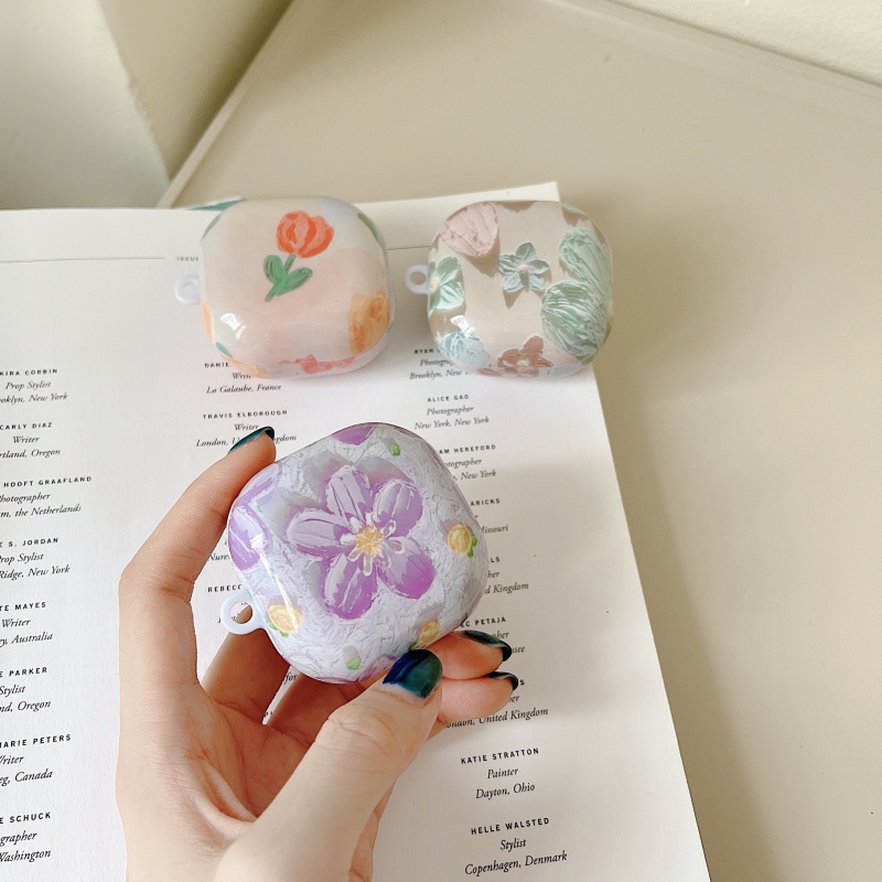 Vỏ Bảo Vệ Hộp Sạc Tai Nghe bluetooth Không Dây samsung galaxy buds live & buds fe & buds pro Hình Tranh Sơn Dầu Bóng Và Chú Gấu tulip buds2 pro