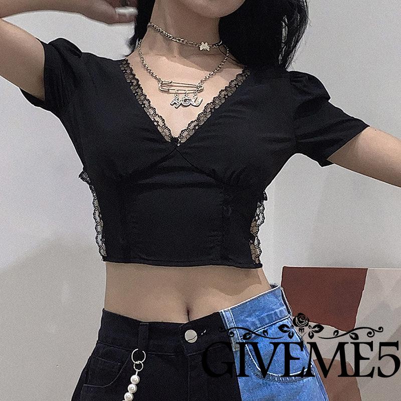 Áo thun tay ngắn cổ chữ v hở eo thời trang dành cho nữ