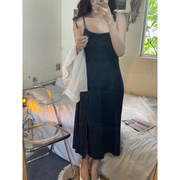 Váy yếm jean, bò dáng chữ A dài phong cách Hàn taobao order