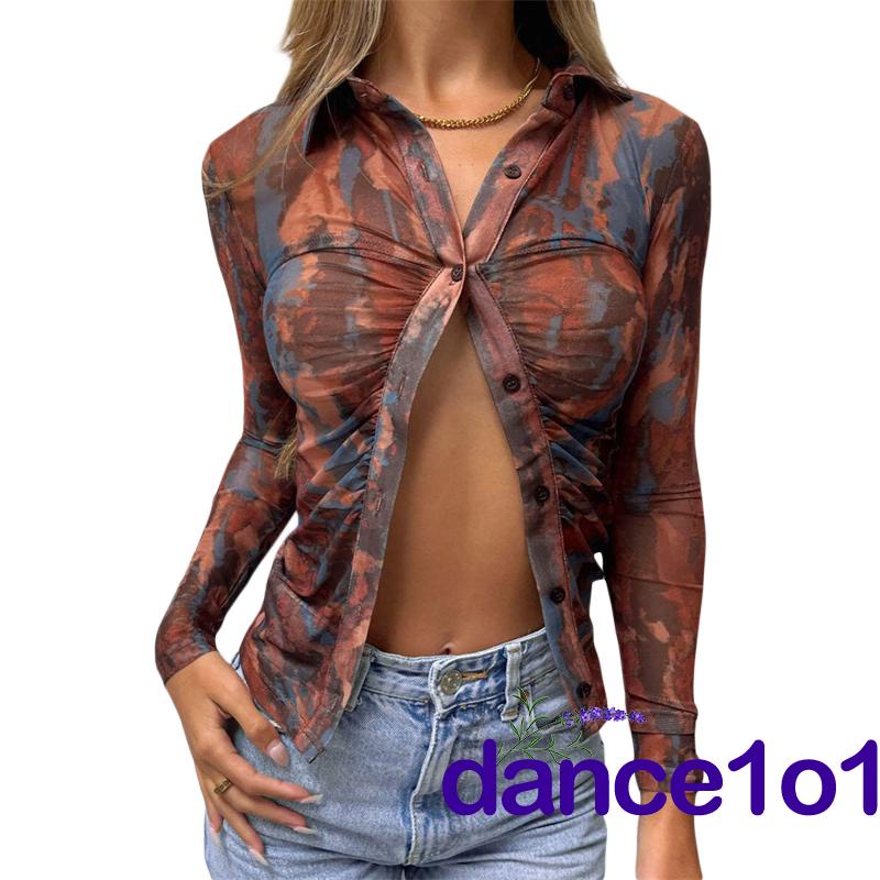 Áo sơ mi dài tay cổ chữ V in họa tiết nhuộm màu phong cách retro dành cho nữ