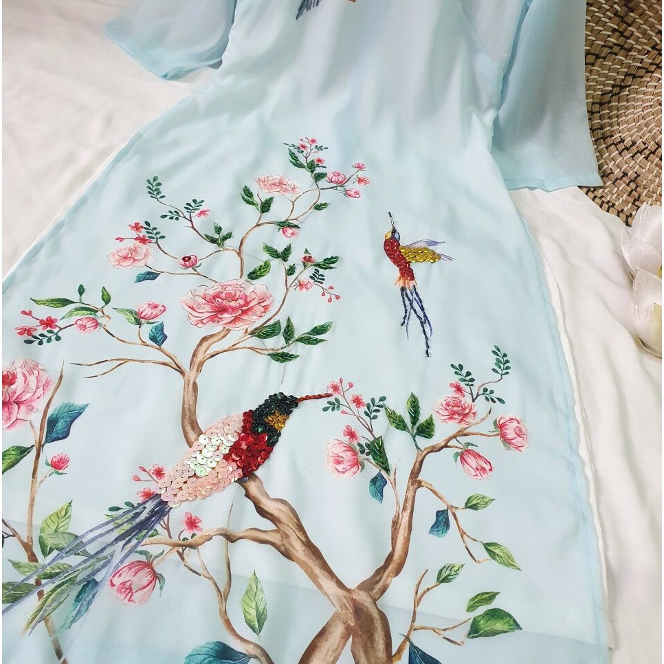 Áo Dài Cách Tân Hoạt Tiết Chim Công Xanh( Set Áo + Quần) | BigBuy360 - bigbuy360.vn