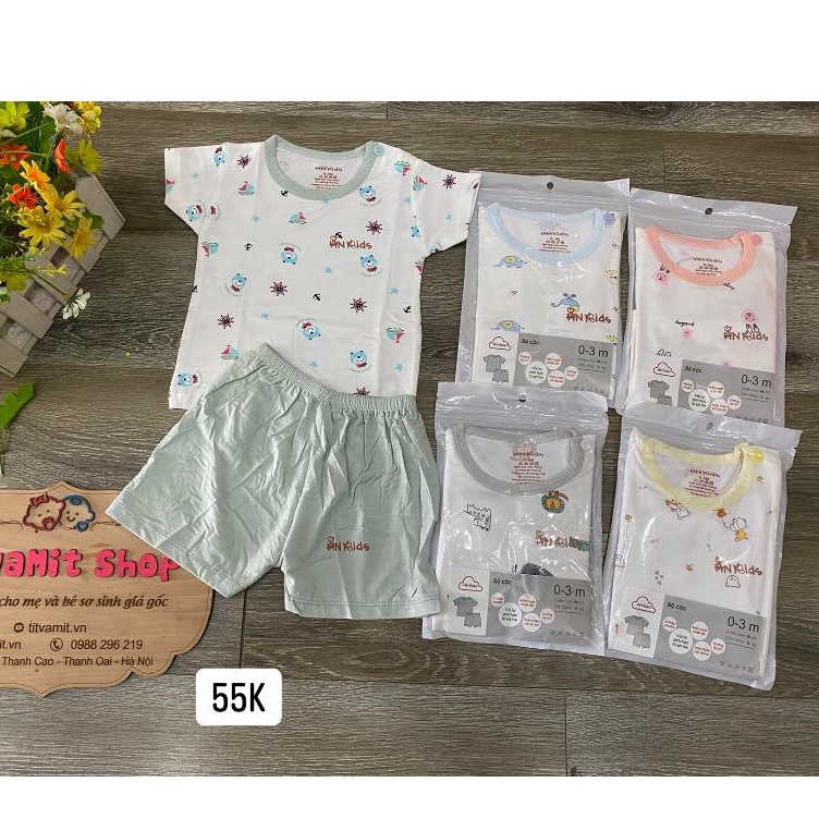 Bộ cộc hnkids cài vai áo trắng quần màu, bộ cộc tay cho bé gái, bé trai