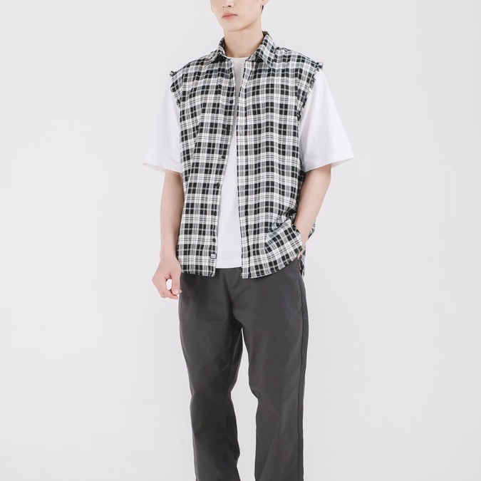 Áo sơ mi nam ca rô hoạ tiết cộc tay phong cách SSSTUTTER sleeveless shirt