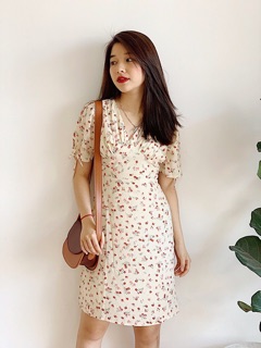 Đầm hoa cổ V tay nơ